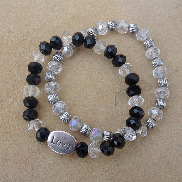 Set of 2 Clear & Black Beaded Love Bracelets - Picture 2 of 8